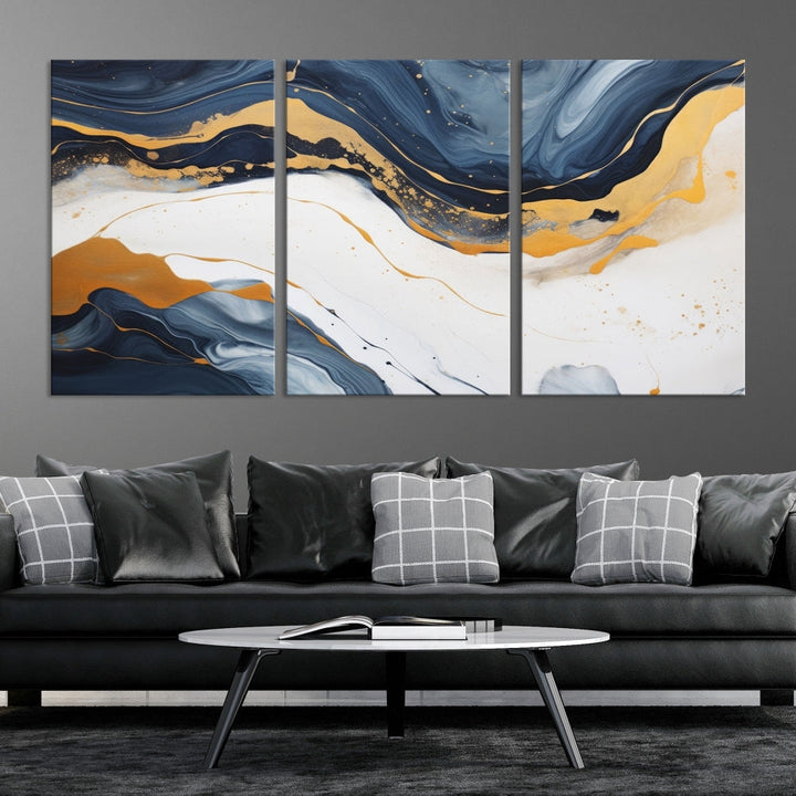 Fluid Gold Blue Marble Painting, Large Abstract Wall Art Canvas Print, Modern Home Wall Decor