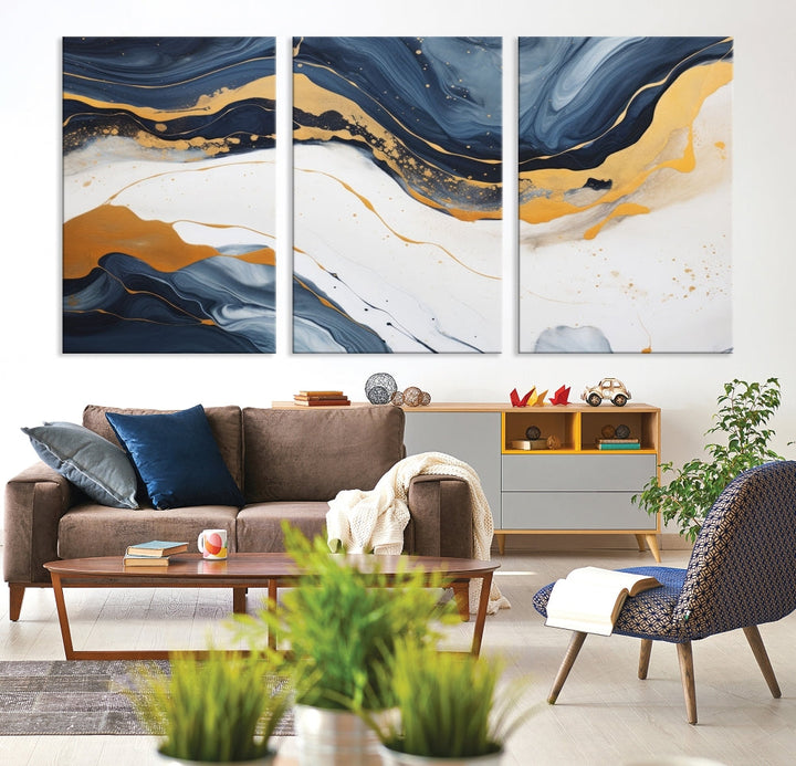 Fluid Gold Blue Marble Painting, Large Abstract Wall Art Canvas Print, Modern Home Wall Decor