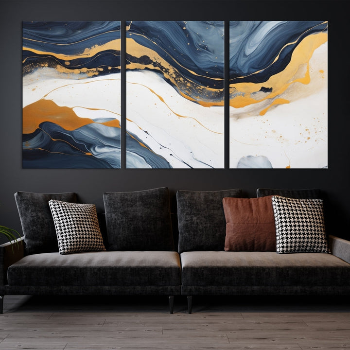 Fluid Gold Blue Marble Painting, Large Abstract Wall Art Canvas Print, Modern Home Wall Decor