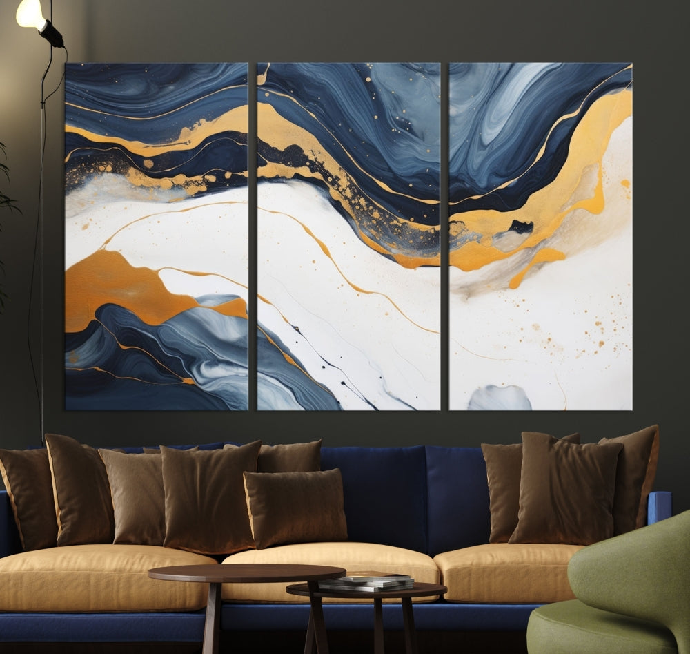 Fluid Gold Blue Marble Painting, Large Abstract Wall Art Canvas Print, Modern Home Wall Decor