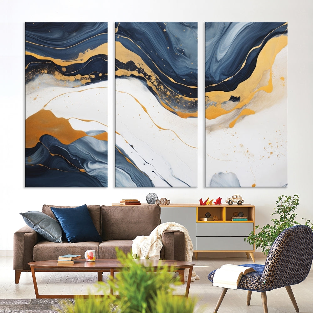 Fluid Gold Blue Marble Painting, Large Abstract Wall Art Canvas Print, Modern Home Wall Decor