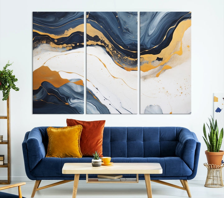 Fluid Gold Blue Marble Painting, Large Abstract Wall Art Canvas Print, Modern Home Wall Decor