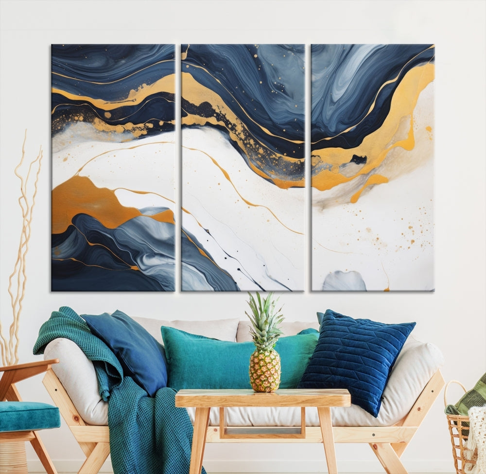 Fluid Gold Blue Marble Painting, Large Abstract Wall Art Canvas Print, Modern Home Wall Decor