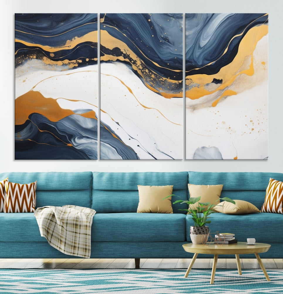 Fluid Gold Blue Marble Painting, Large Abstract Wall Art Canvas Print, Modern Home Wall Decor