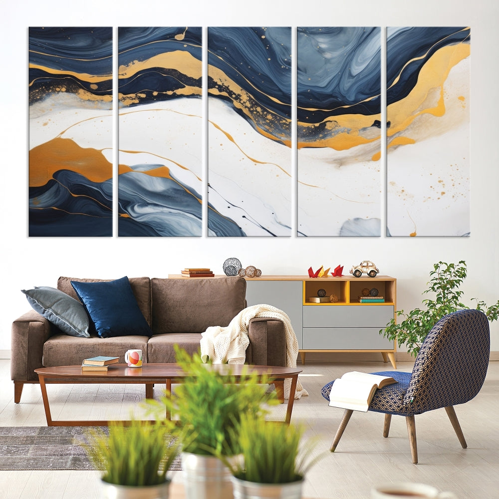 Fluid Gold Blue Marble Painting, Large Abstract Wall Art Canvas Print, Modern Home Wall Decor