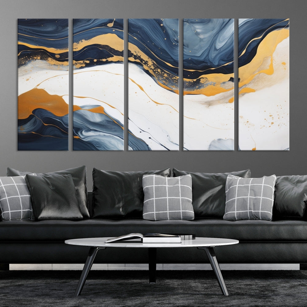 Fluid Gold Blue Marble Painting, Large Abstract Wall Art Canvas Print, Modern Home Wall Decor