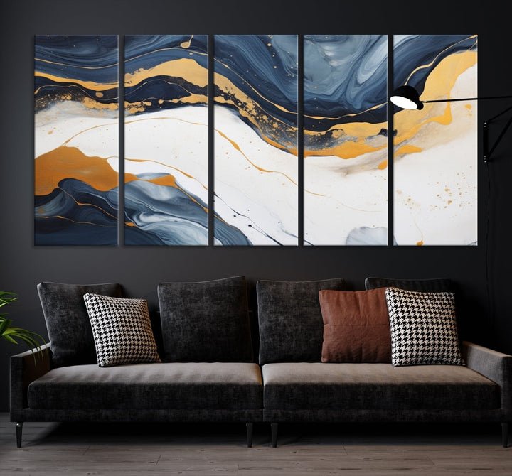 Fluid Gold Blue Marble Painting, Large Abstract Wall Art Canvas Print, Modern Home Wall Decor