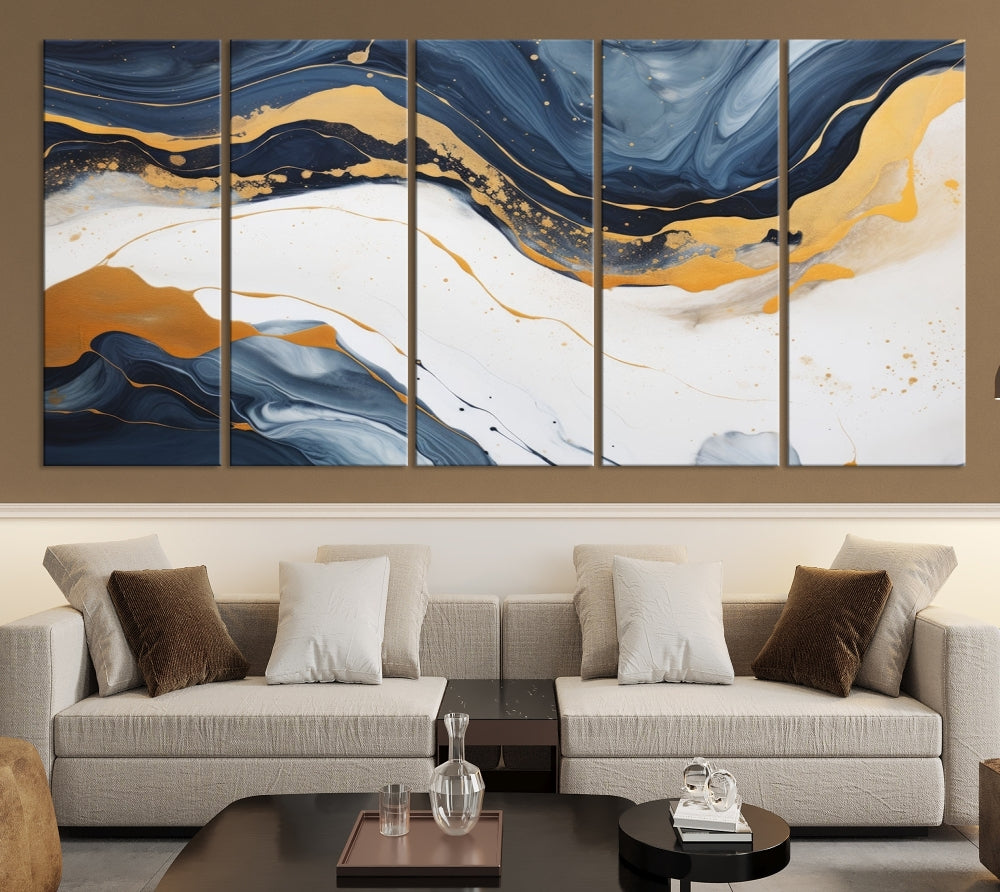 Fluid Gold Blue Marble Painting, Large Abstract Wall Art Canvas Print, Modern Home Wall Decor