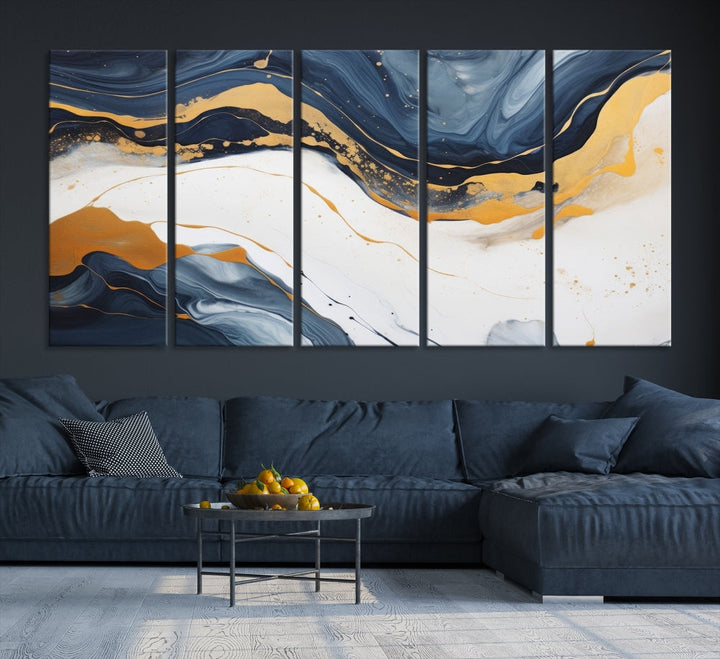 Fluid Gold Blue Marble Painting, Large Abstract Wall Art Canvas Print, Modern Home Wall Decor