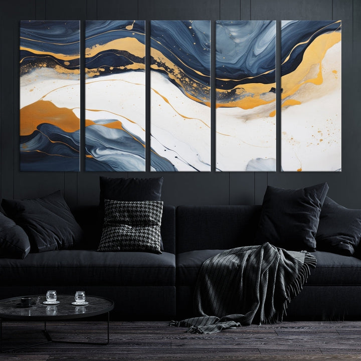 Fluid Gold Blue Marble Painting, Large Abstract Wall Art Canvas Print, Modern Home Wall Decor