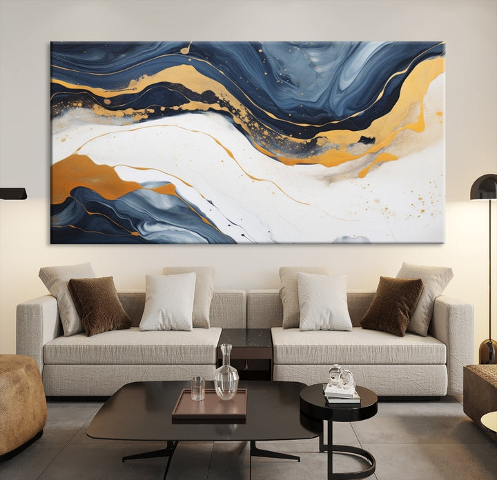 Fluid Gold Blue Marble Painting, Large Abstract Wall Art Canvas Print, Modern Home Wall Decor