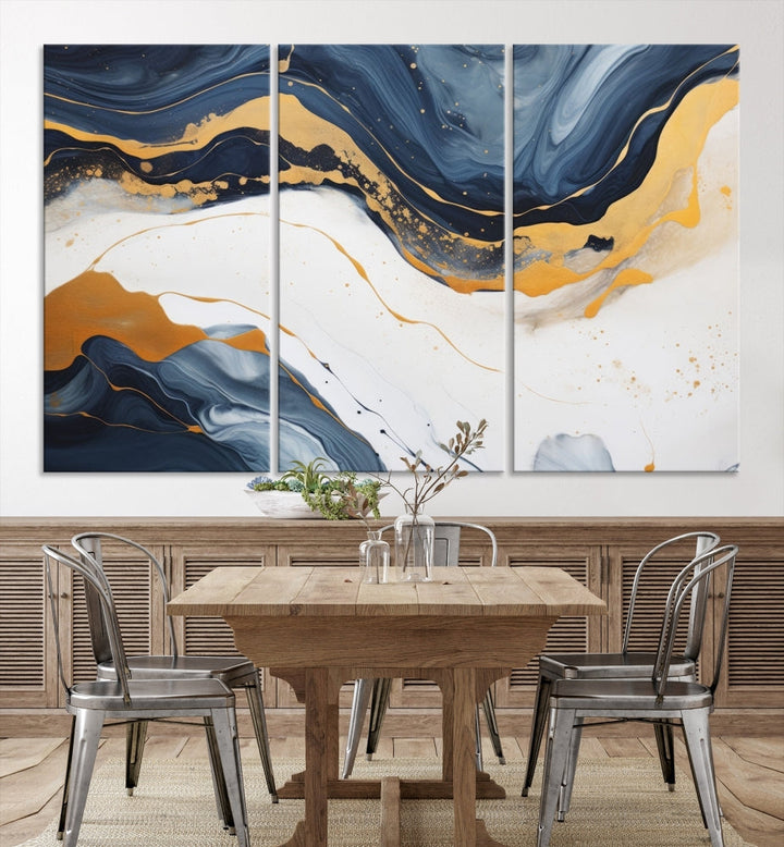 Fluid Gold Blue Marble Painting, Large Abstract Wall Art Canvas Print, Modern Home Wall Decor