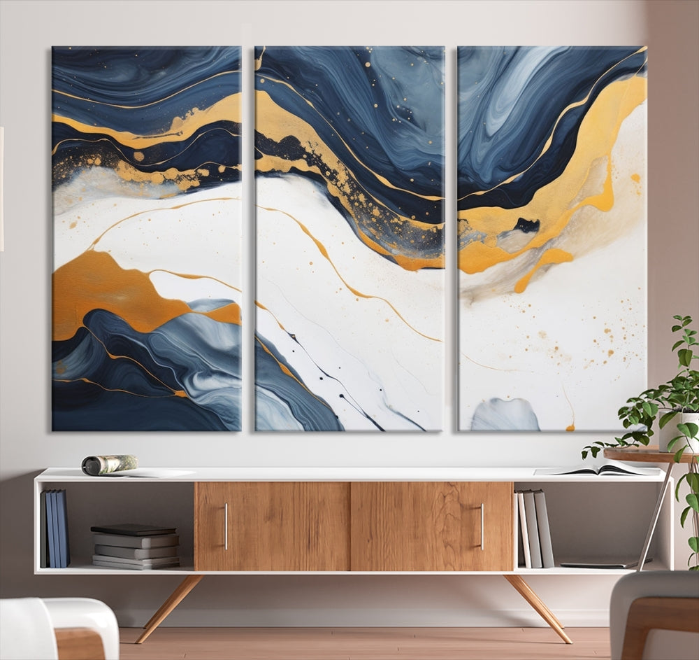 Fluid Gold Blue Marble Painting, Large Abstract Wall Art Canvas Print, Modern Home Wall Decor