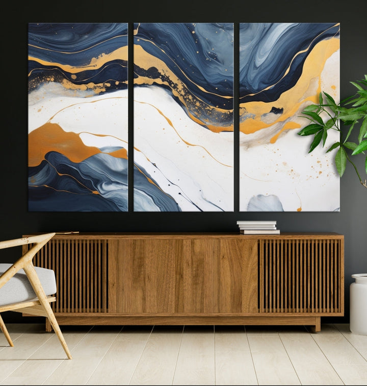 Fluid Gold Blue Marble Painting, Large Abstract Wall Art Canvas Print, Modern Home Wall Decor