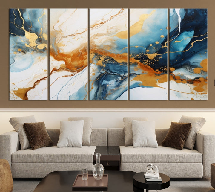 Fluid Marble Painting, Abstract Wall Art, Large Canvas Print, Blue Gold Wall Decor, Framed Set of Piece