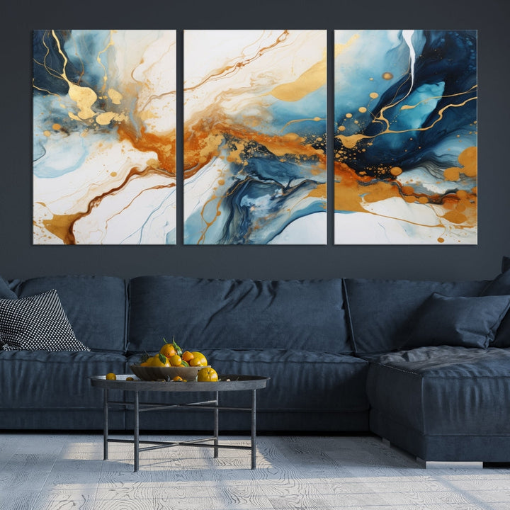 Fluid Marble Painting, Abstract Wall Art, Large Canvas Print, Blue Gold Wall Decor, Framed Set of Piece