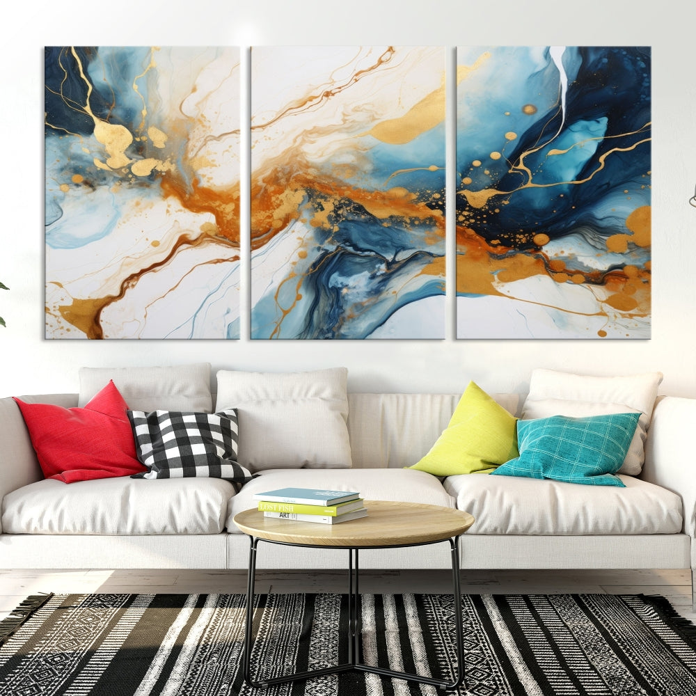 Fluid Marble Painting, Abstract Wall Art, Large Canvas Print, Blue Gold Wall Decor, Framed Set of Piece