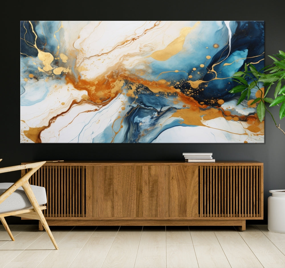 Fluid Marble Painting, Abstract Wall Art, Large Canvas Print, Blue Gold Wall Decor, Framed Set of Piece