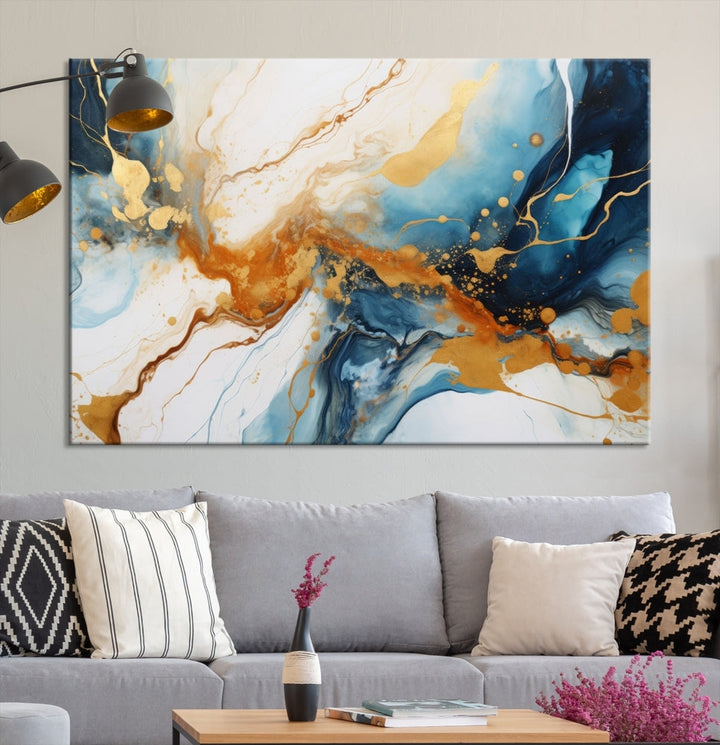 Fluid Marble Painting, Abstract Wall Art, Large Canvas Print, Blue Gold Wall Decor, Framed Set of Piece