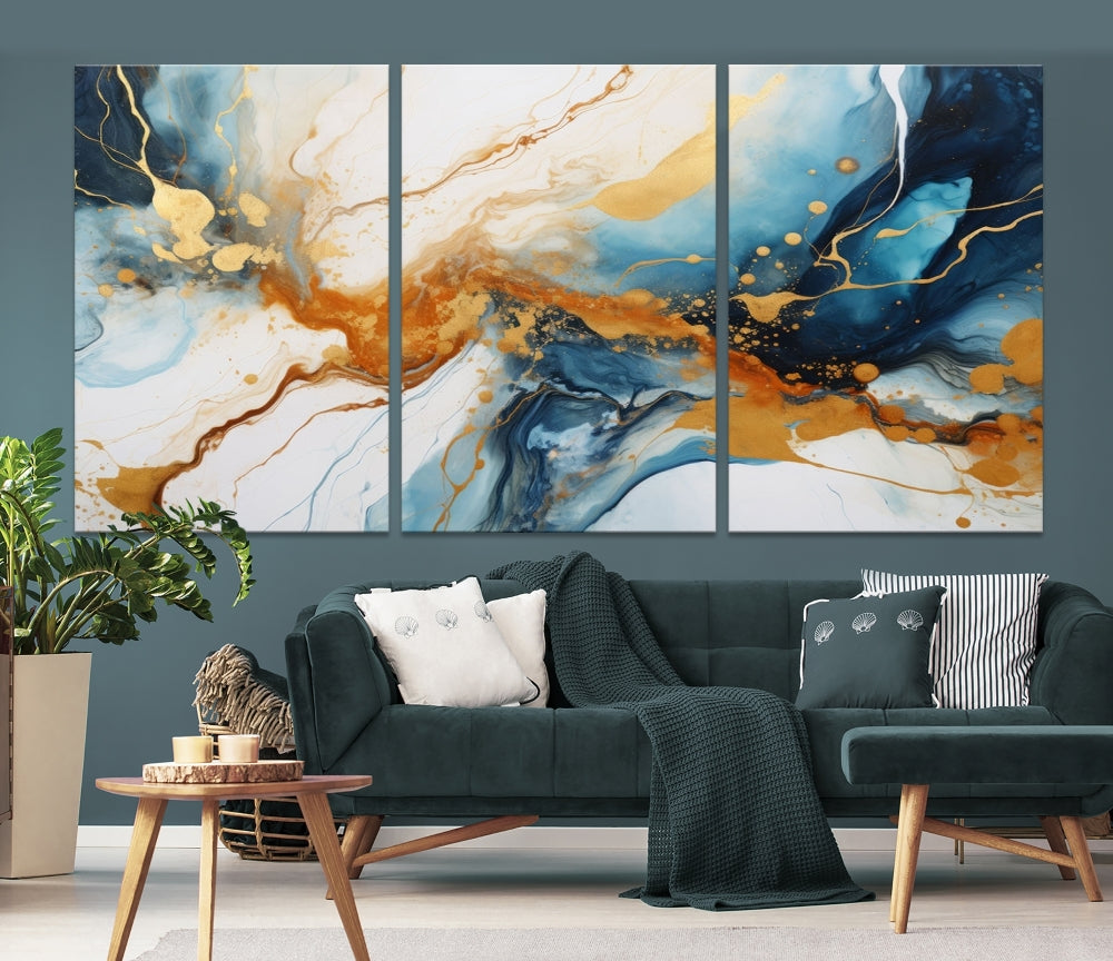 Fluid Marble Painting, Abstract Wall Art, Large Canvas Print, Blue Gold Wall Decor, Framed Set of Piece