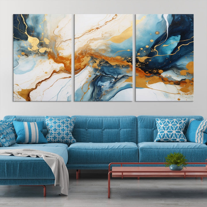 Fluid Marble Painting, Abstract Wall Art, Large Canvas Print, Blue Gold Wall Decor, Framed Set of Piece