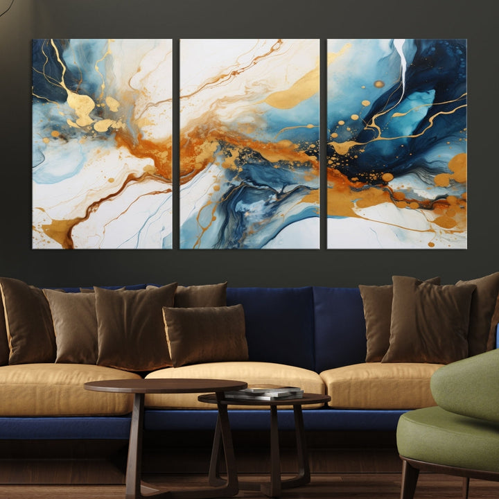 Fluid Marble Painting, Abstract Wall Art, Large Canvas Print, Blue Gold Wall Decor, Framed Set of Piece