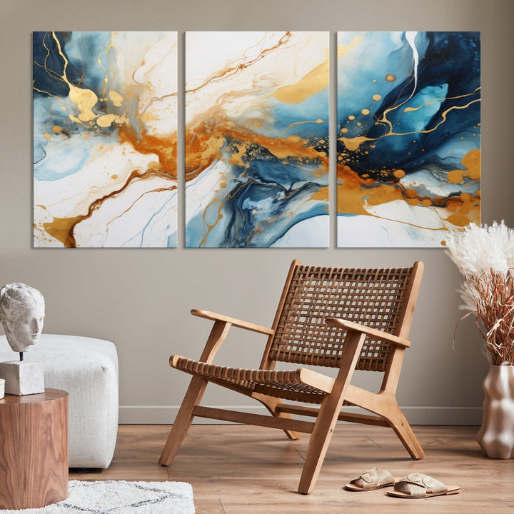 Fluid Marble Painting, Abstract Wall Art, Large Canvas Print, Blue Gold Wall Decor, Framed Set of Piece