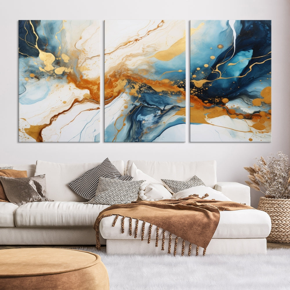 Fluid Marble Painting, Abstract Wall Art, Large Canvas Print, Blue Gold Wall Decor, Framed Set of Piece