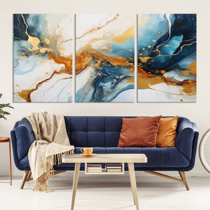 Fluid Marble Painting, Abstract Wall Art, Large Canvas Print, Blue Gold Wall Decor, Framed Set of Piece