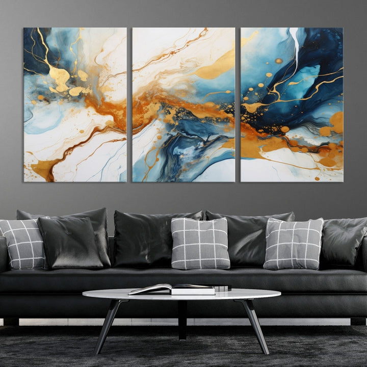 Fluid Marble Painting, Abstract Wall Art, Large Canvas Print, Blue Gold Wall Decor, Framed Set of Piece