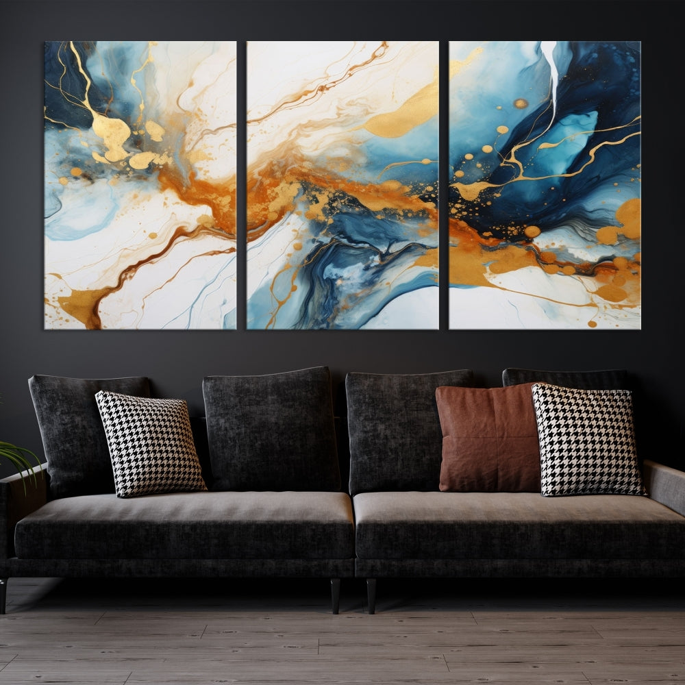 Fluid Marble Painting, Abstract Wall Art, Large Canvas Print, Blue Gold Wall Decor, Framed Set of Piece