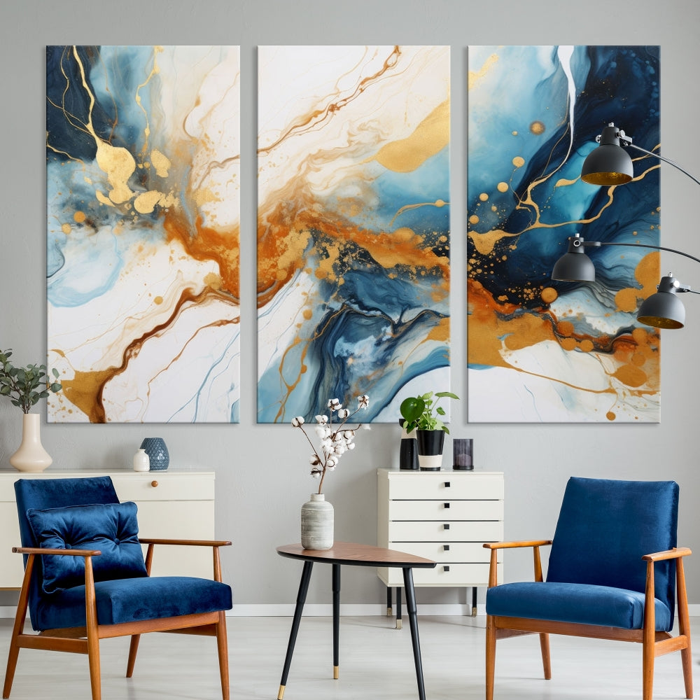 Fluid Marble Painting, Abstract Wall Art, Large Canvas Print, Blue Gold Wall Decor, Framed Set of Piece