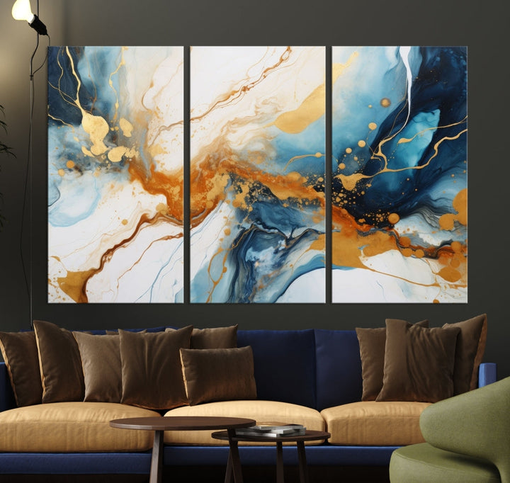 Fluid Marble Painting, Abstract Wall Art, Large Canvas Print, Blue Gold Wall Decor, Framed Set of Piece