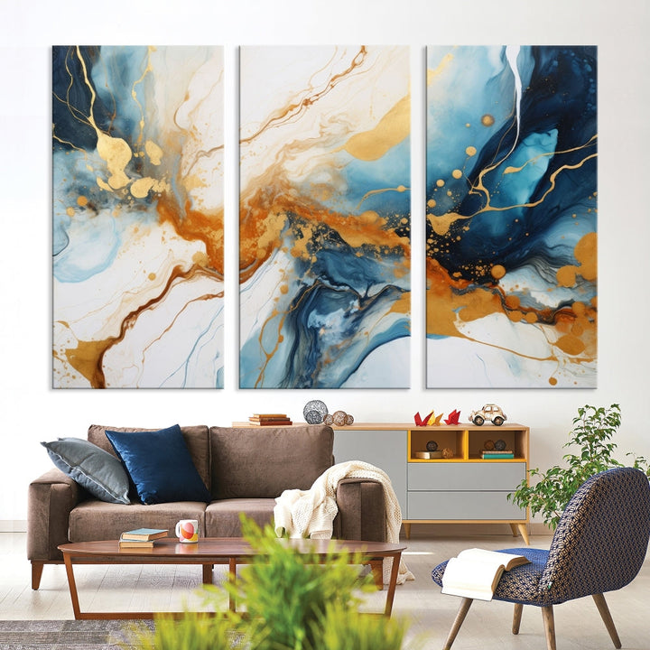 Fluid Marble Painting, Abstract Wall Art, Large Canvas Print, Blue Gold Wall Decor, Framed Set of Piece