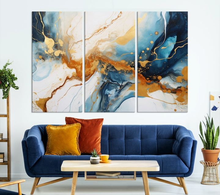 Fluid Marble Painting, Abstract Wall Art, Large Canvas Print, Blue Gold Wall Decor, Framed Set of Piece