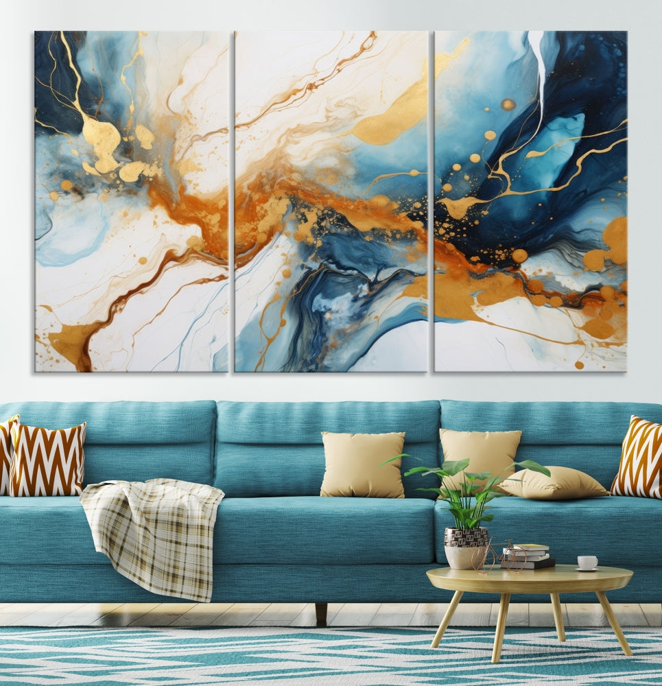 Fluid Marble Painting, Abstract Wall Art, Large Canvas Print, Blue Gold Wall Decor, Framed Set of Piece