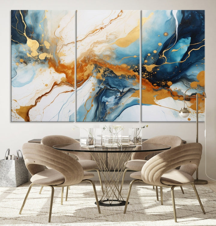 Fluid Marble Painting, Abstract Wall Art, Large Canvas Print, Blue Gold Wall Decor, Framed Set of Piece