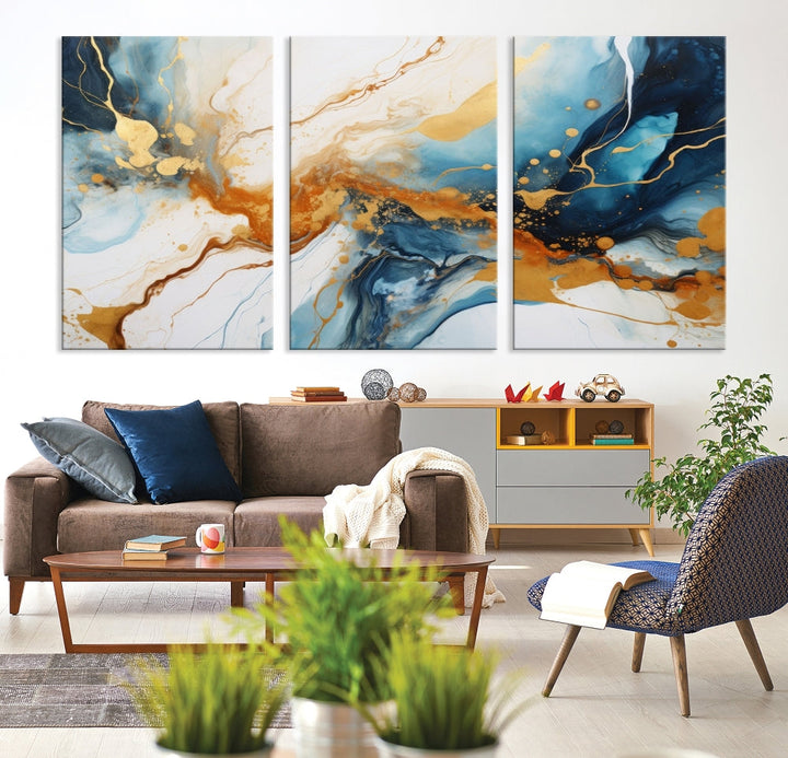 Fluid Marble Painting, Abstract Wall Art, Large Canvas Print, Blue Gold Wall Decor, Framed Set of Piece