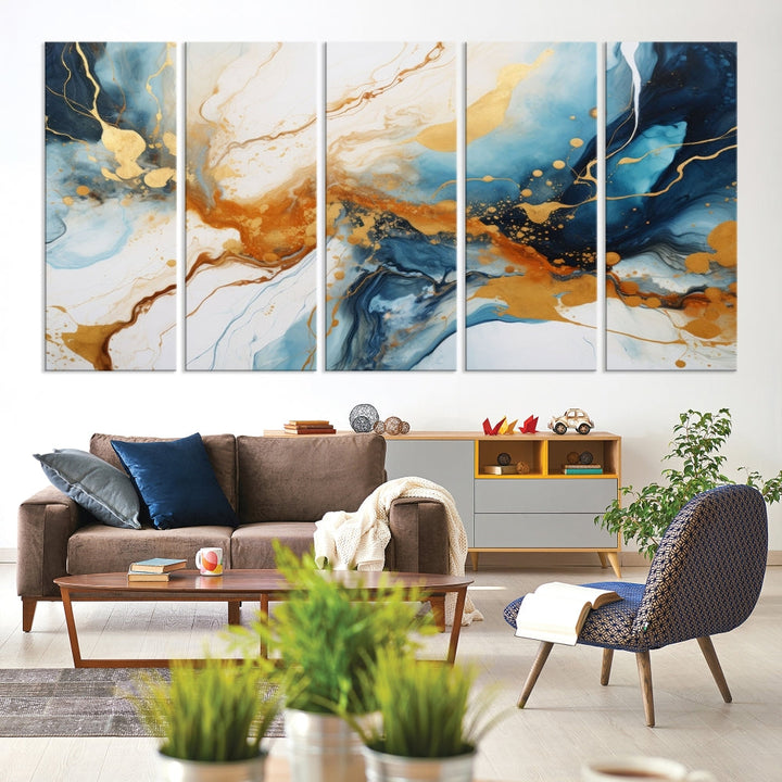 Fluid Marble Painting, Abstract Wall Art, Large Canvas Print, Blue Gold Wall Decor, Framed Set of Piece