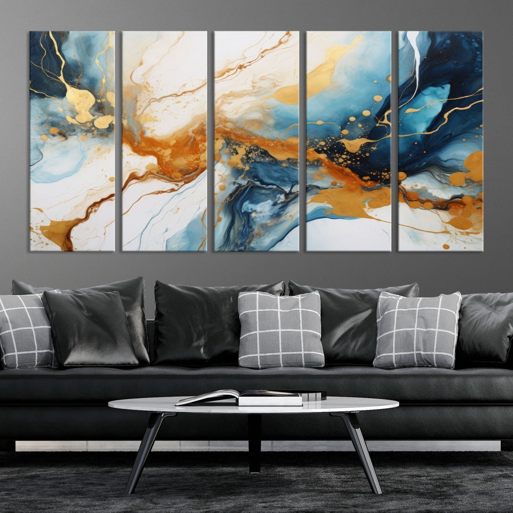 Fluid Marble Painting, Abstract Wall Art, Large Canvas Print, Blue Gold Wall Decor, Framed Set of Piece