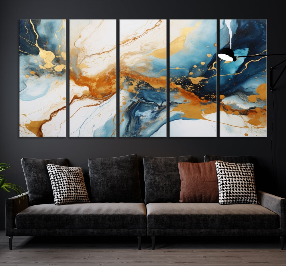 Fluid Marble Painting, Abstract Wall Art, Large Canvas Print, Blue Gold Wall Decor, Framed Set of Piece