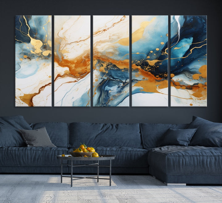 Fluid Marble Painting, Abstract Wall Art, Large Canvas Print, Blue Gold Wall Decor, Framed Set of Piece