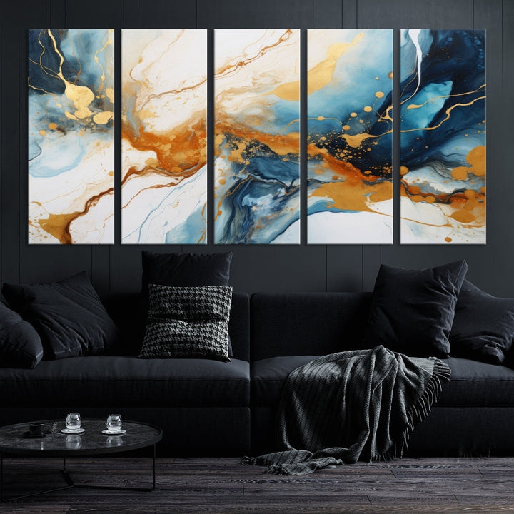 Fluid Marble Painting, Abstract Wall Art, Large Canvas Print, Blue Gold Wall Decor, Framed Set of Piece