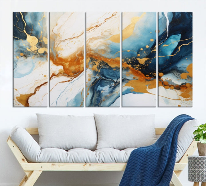 Fluid Marble Painting, Abstract Wall Art, Large Canvas Print, Blue Gold Wall Decor, Framed Set of Piece