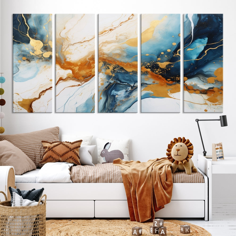 Fluid Marble Painting, Abstract Wall Art, Large Canvas Print, Blue Gold Wall Decor, Framed Set of Piece