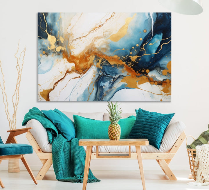 Fluid Marble Painting, Abstract Wall Art, Large Canvas Print, Blue Gold Wall Decor, Framed Set of Piece