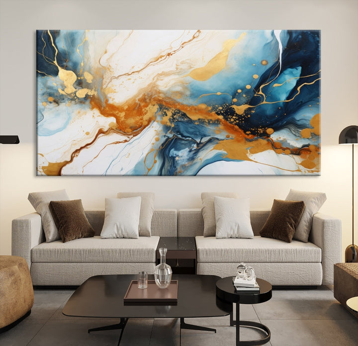 Fluid Marble Painting, Abstract Wall Art, Large Canvas Print, Blue Gold Wall Decor, Framed Set of Piece