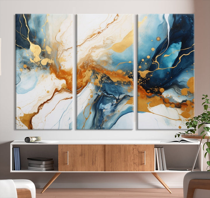 Fluid Marble Painting, Abstract Wall Art, Large Canvas Print, Blue Gold Wall Decor, Framed Set of Piece