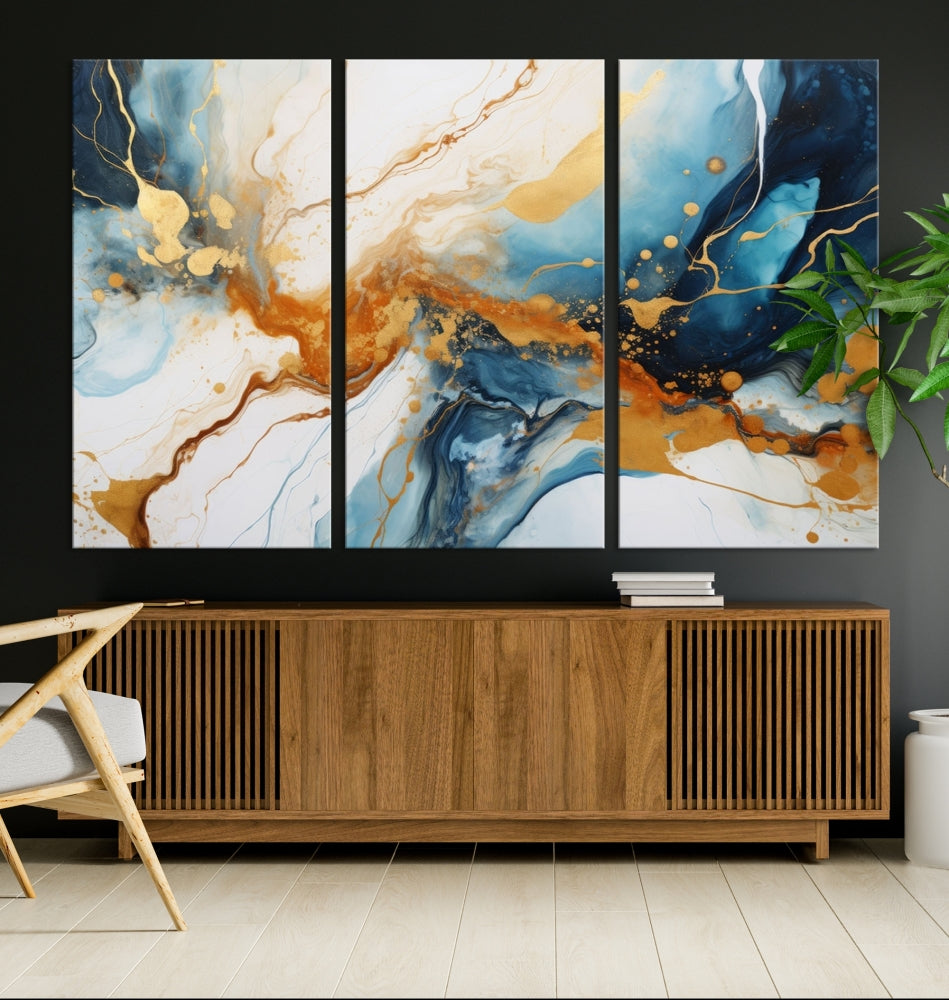 Fluid Marble Painting, Abstract Wall Art, Large Canvas Print, Blue Gold Wall Decor, Framed Set of Piece