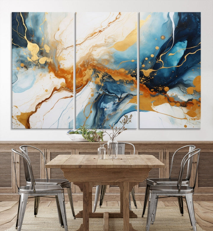 Fluid Marble Painting, Abstract Wall Art, Large Canvas Print, Blue Gold Wall Decor, Framed Set of Piece